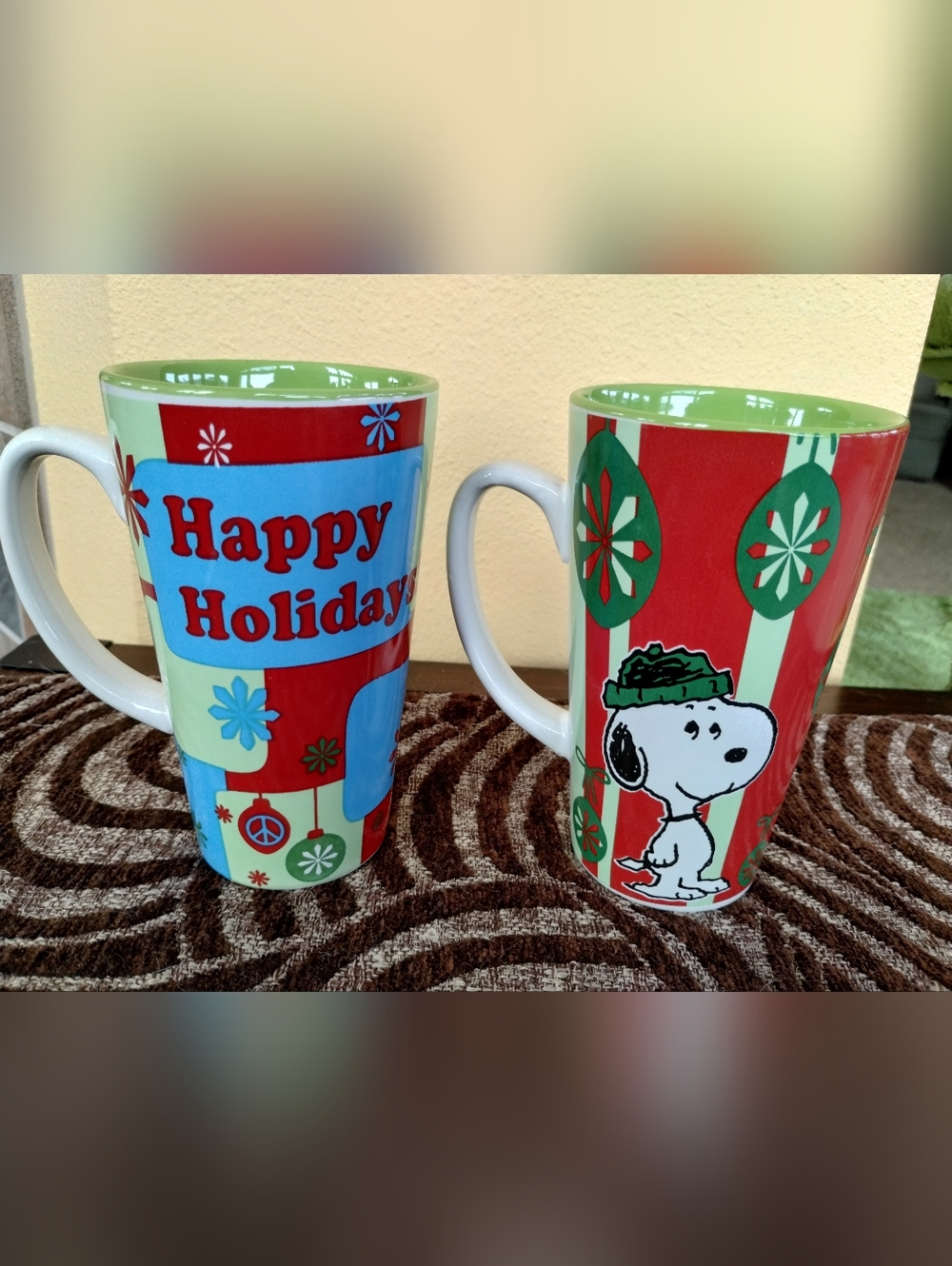 2 Peanuts Snoopy Holiday Christmas Tall 16 Oz. Porcelain Mugs Coffee Cups